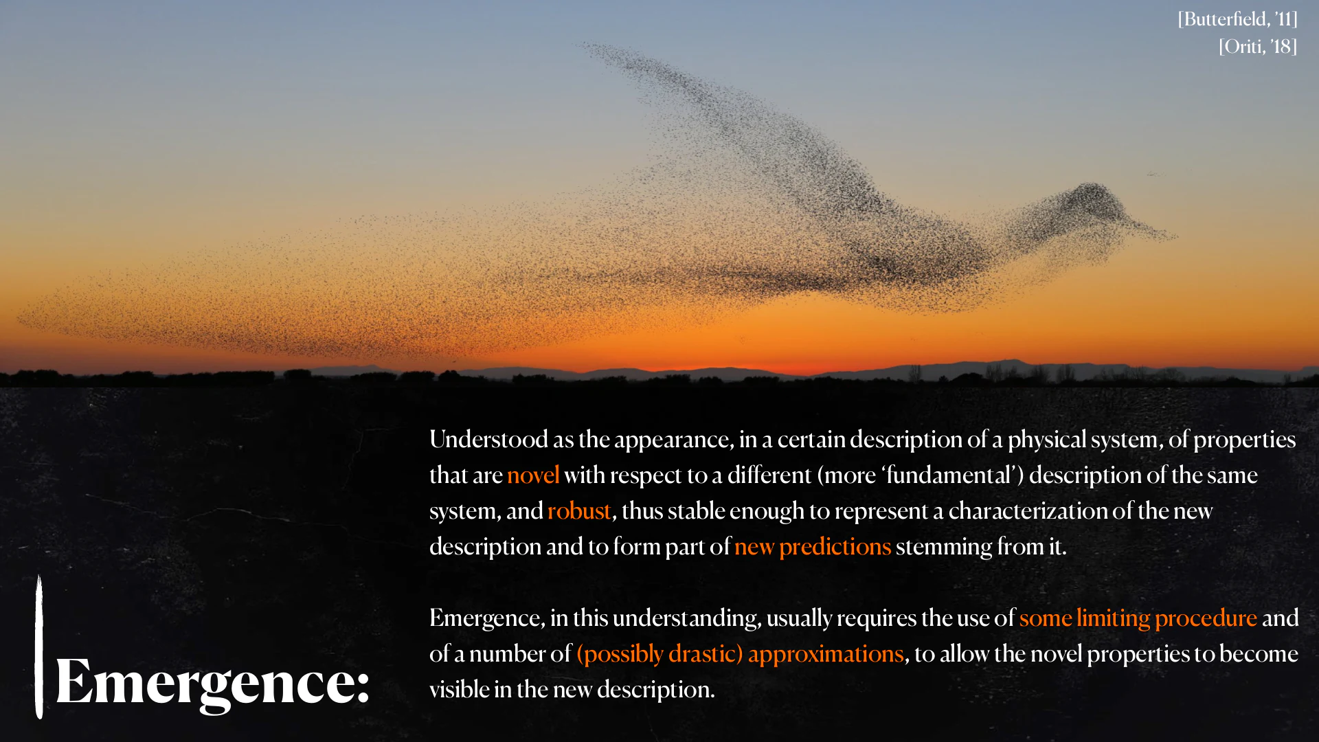 A murmuration at sunset accompanying a definition of emergence in physics.