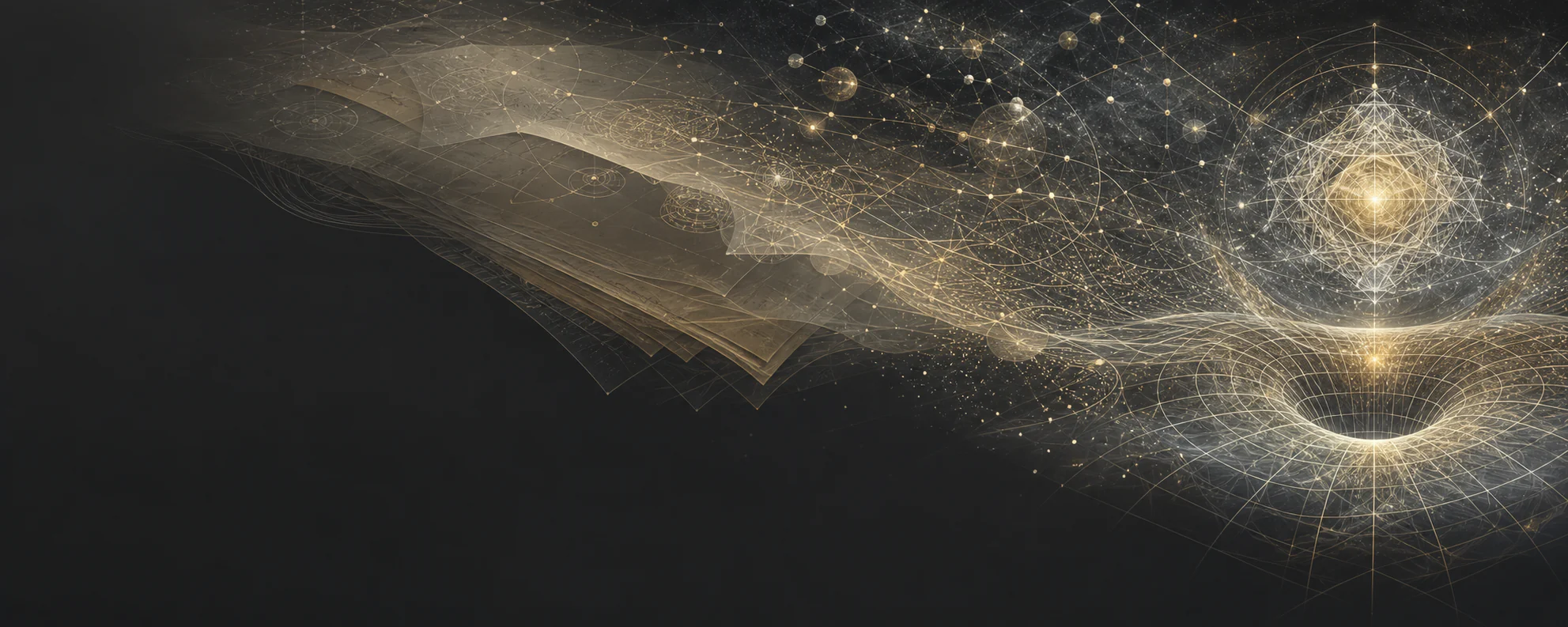 Layers of scholarly pages resolving into a luminous geometric network