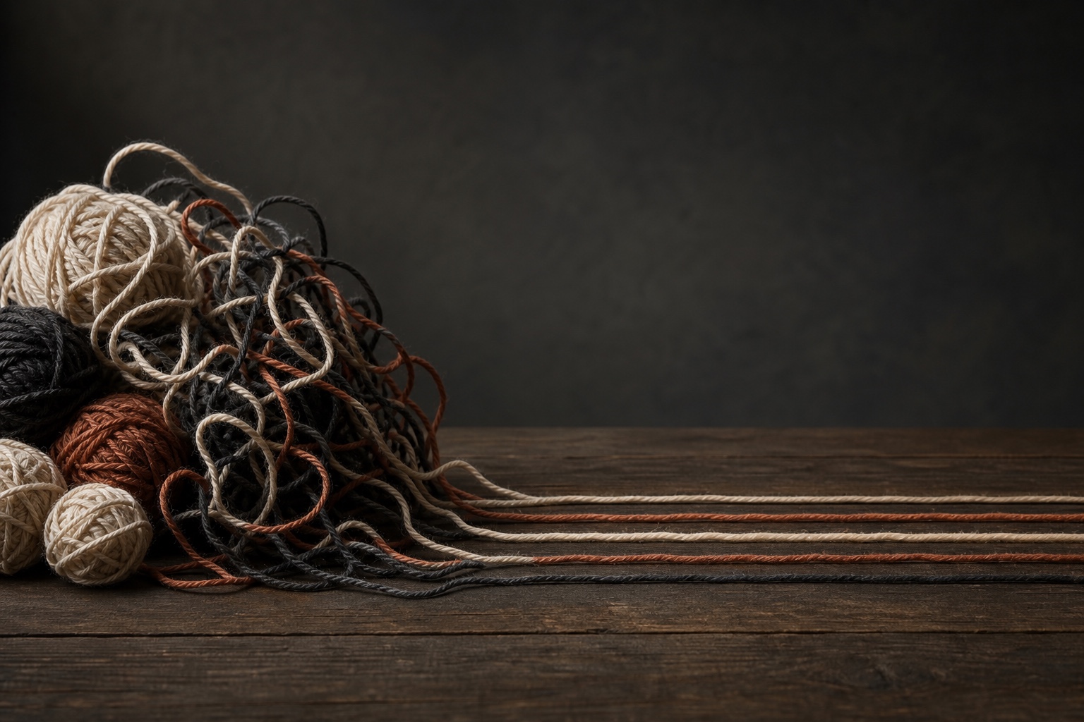 Tangled strands of cream and charcoal yarn gradually separating into parallel threads on a dark surface.
